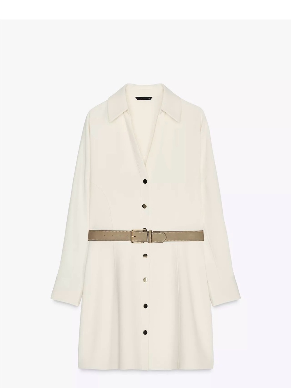 Zara Cream Button-Down Long Sleeve Dress with Tan Belt